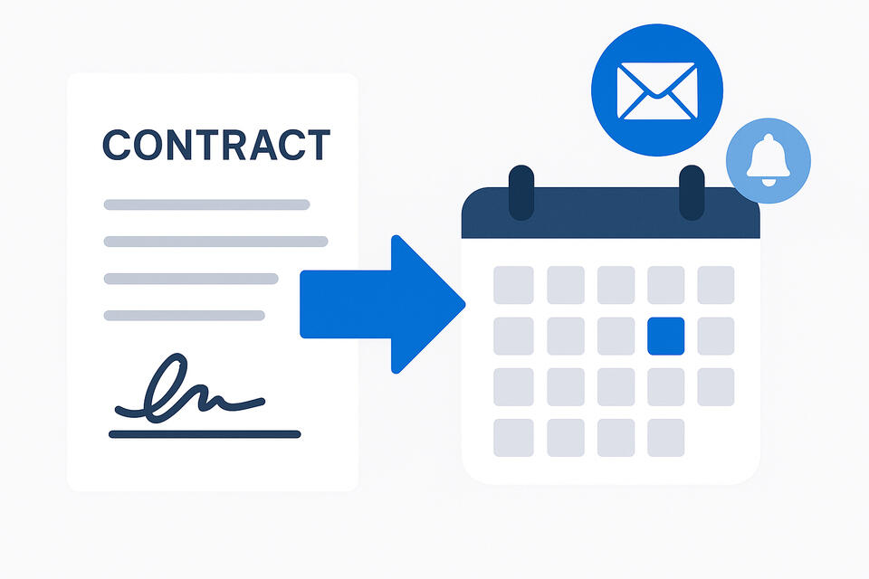 Illustration of a contract document linked to a calendar, symbolizing automated deadline tracking with email and notification icons.